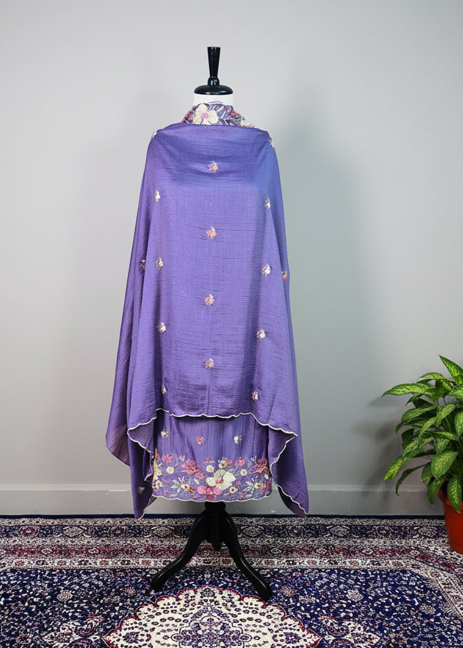 Purple Semi-Crepe Dress Material with Floral Thread & Sequin Work