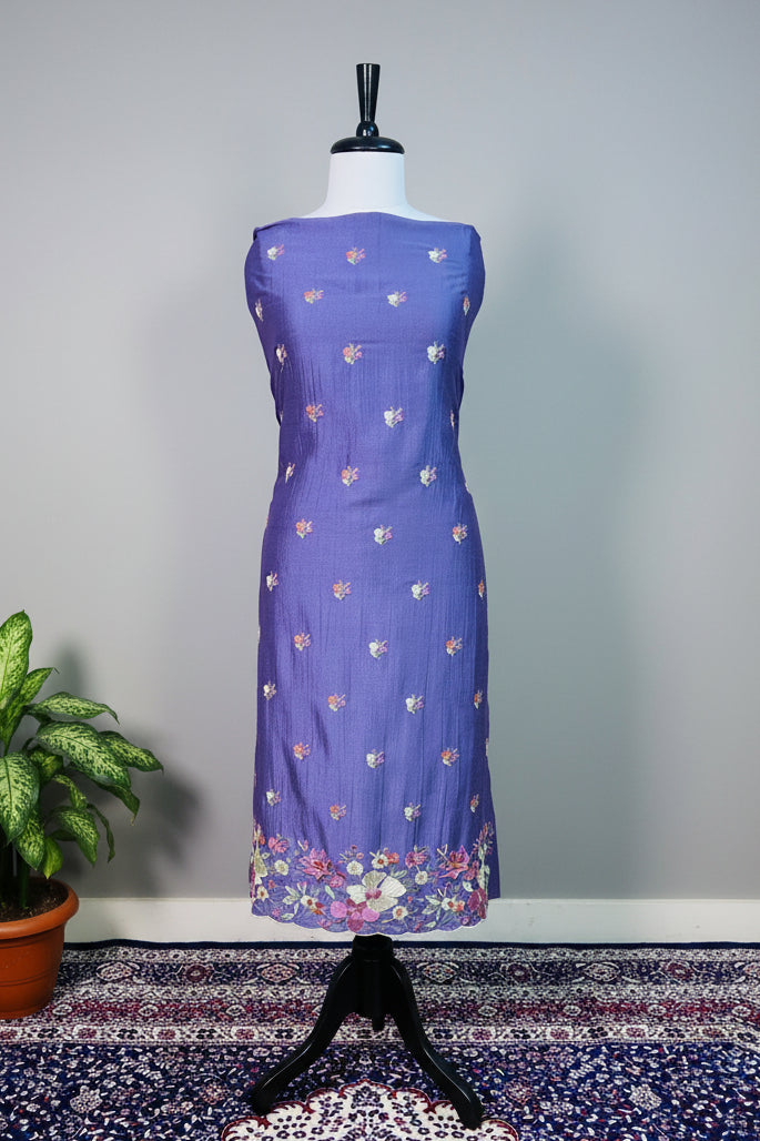 Purple Semi-Crepe Dress Material with Floral Thread & Sequin Work