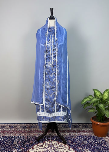 Blue Printed Cotton Lace Dress Material