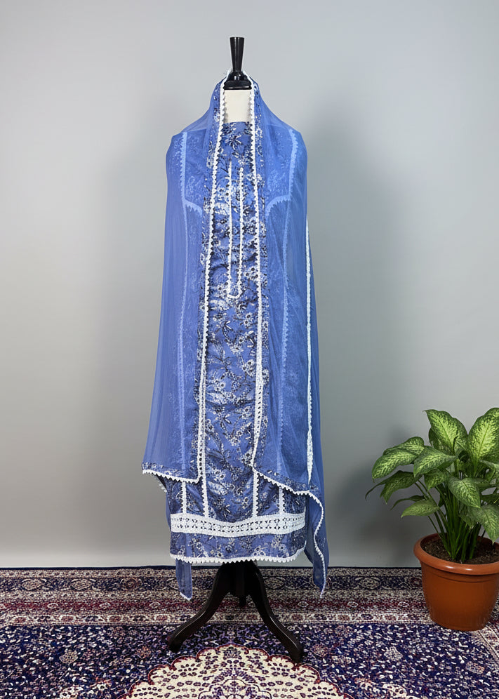 Blue Printed Cotton Lace Dress Material