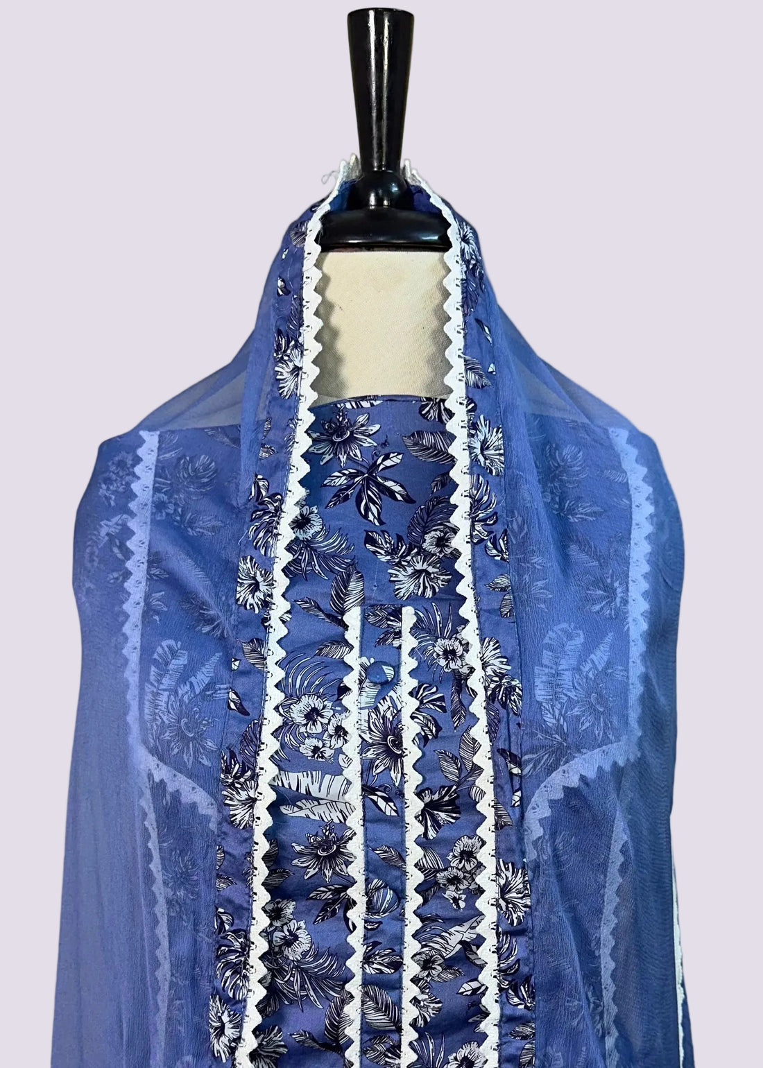 Blue Printed Cotton Lace Dress Material