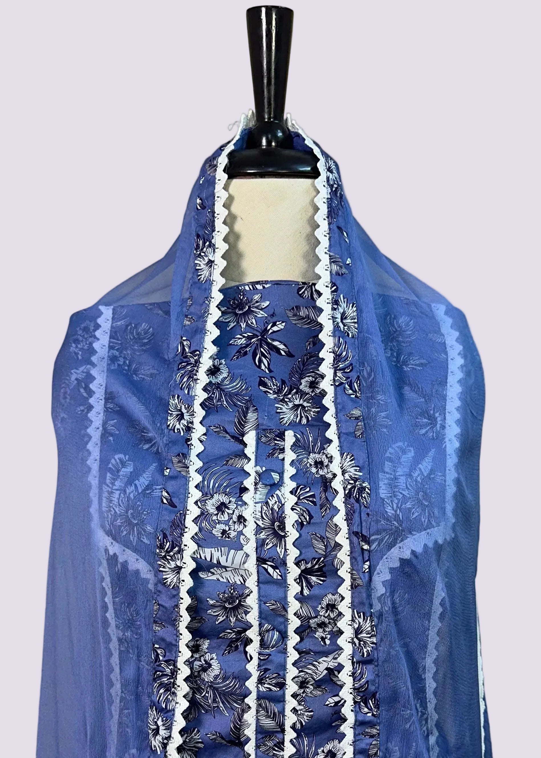 Blue Printed Cotton Lace Dress Material