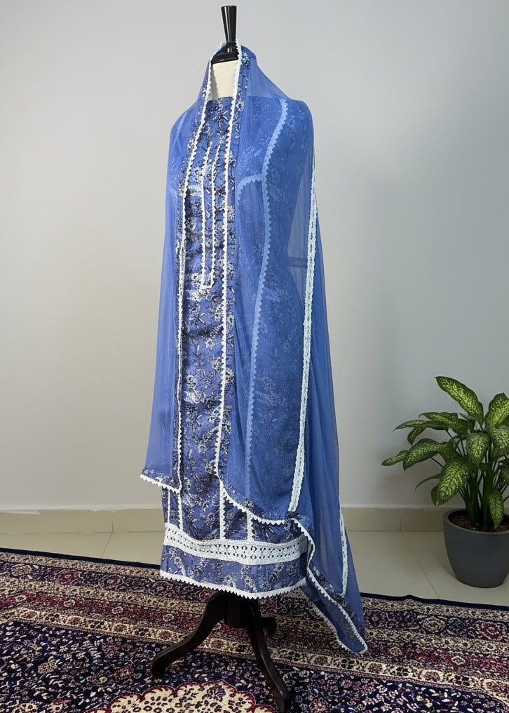 Blue Printed Cotton Lace Dress Material