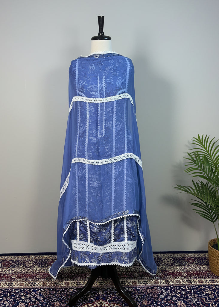 Blue Printed Cotton Lace Dress Material
