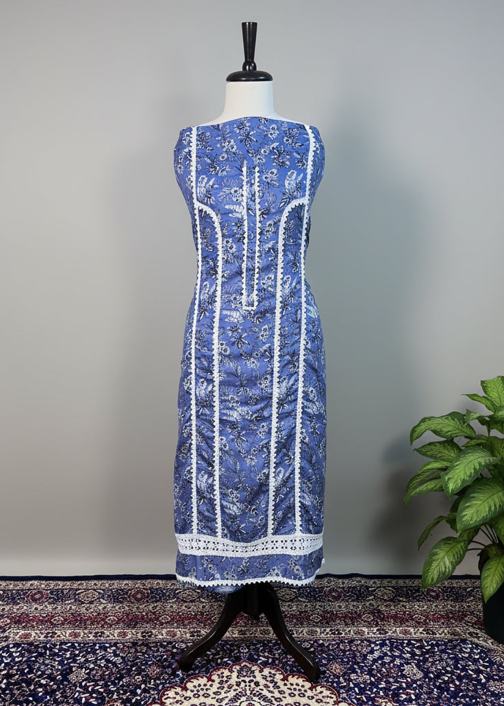 Blue Printed Cotton Lace Dress Material