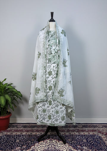 Green Premium Cotton Dress Material with Floral Print & Sequin Detailing
