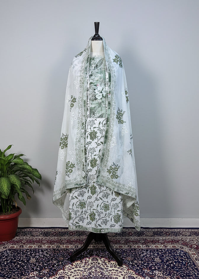 Green Premium Cotton Dress Material with Floral Print & Sequin Detailing