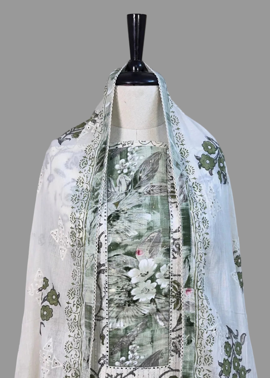 Green Premium Cotton Dress Material with Floral Print & Sequin Detailing