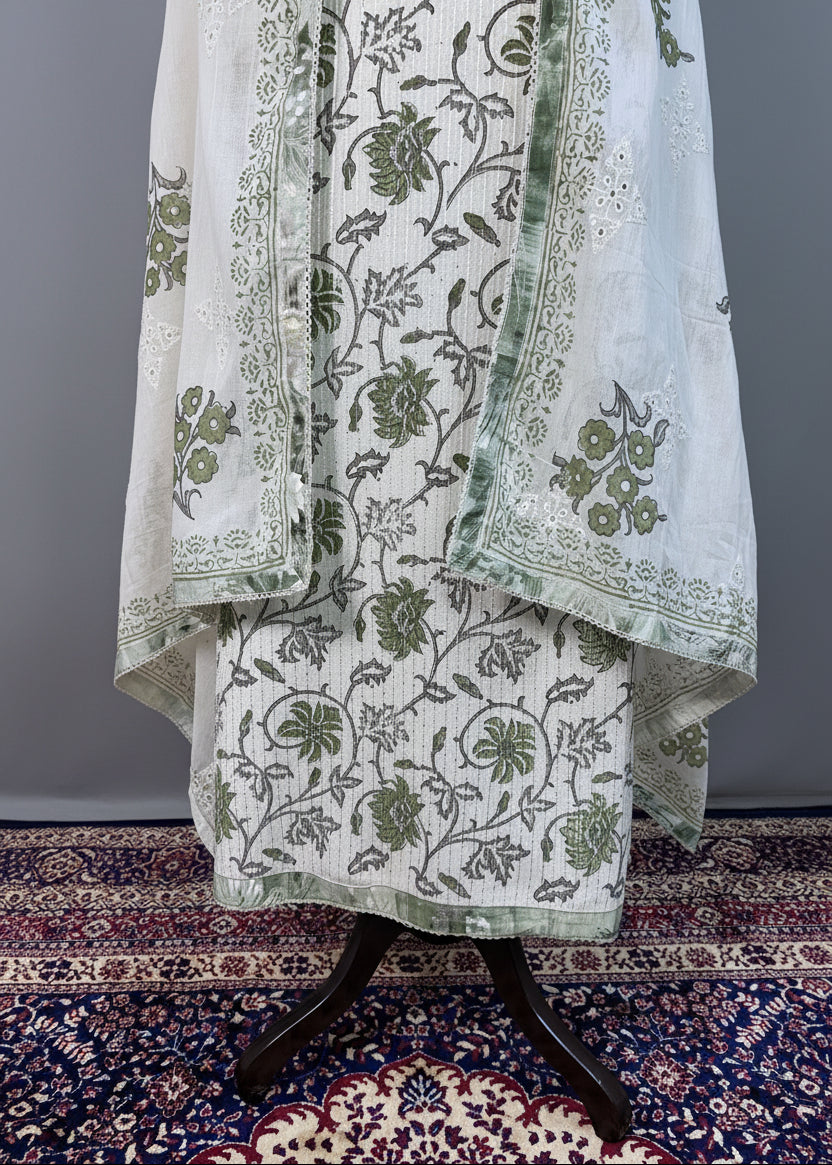 Green Premium Cotton Dress Material with Floral Print & Sequin Detailing