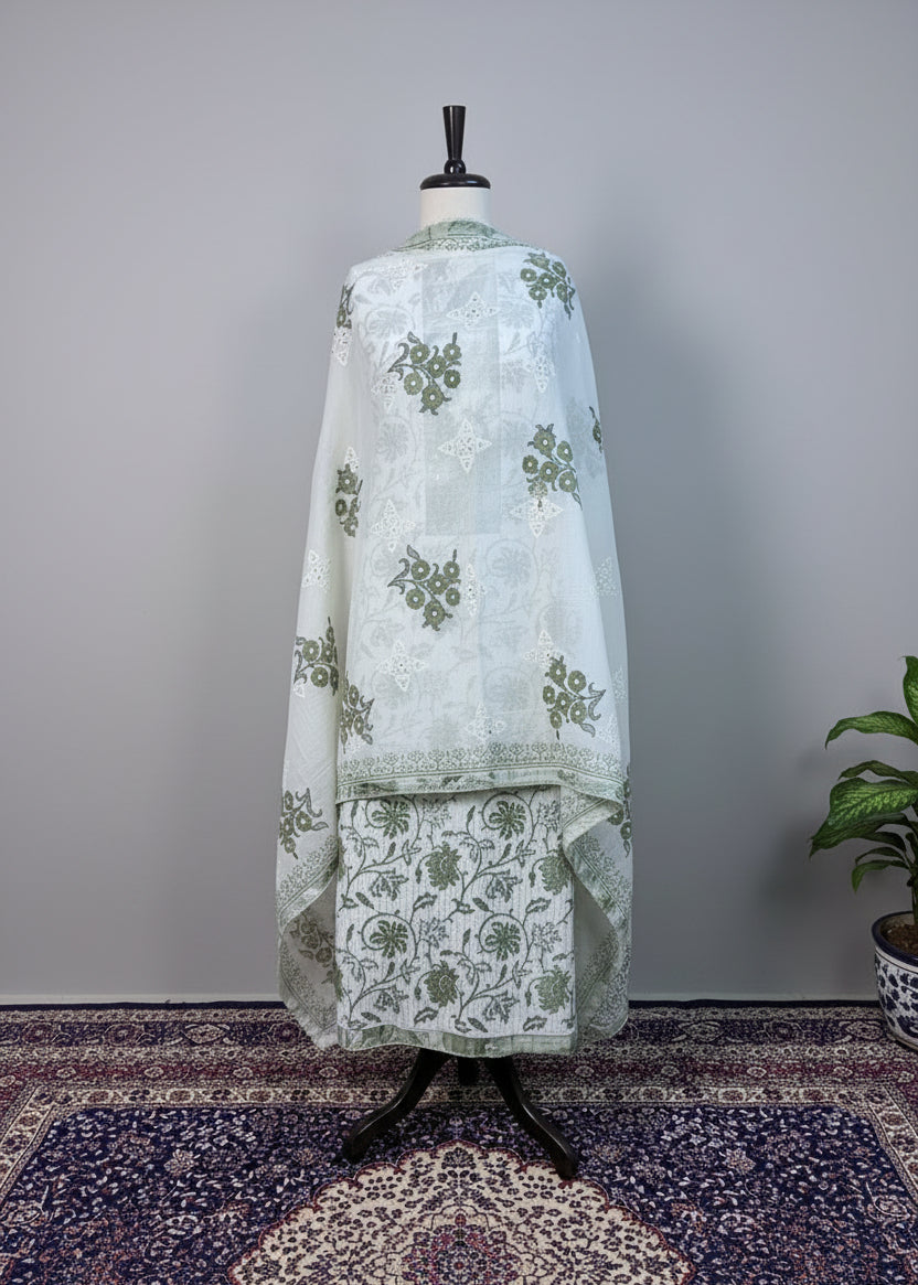 Green Premium Cotton Dress Material with Floral Print & Sequin Detailing