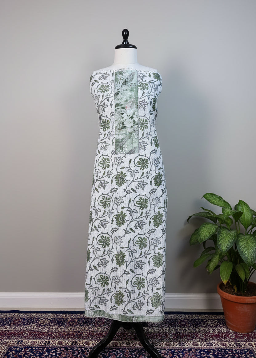 Green Premium Cotton Dress Material with Floral Print & Sequin Detailing