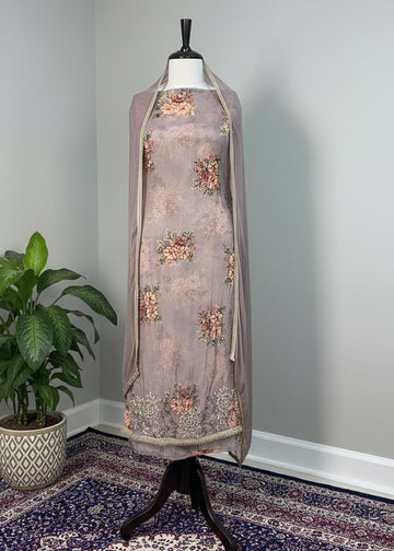 Lavender-Grey Color Soft Organza Hand-Work Designer Dress Material