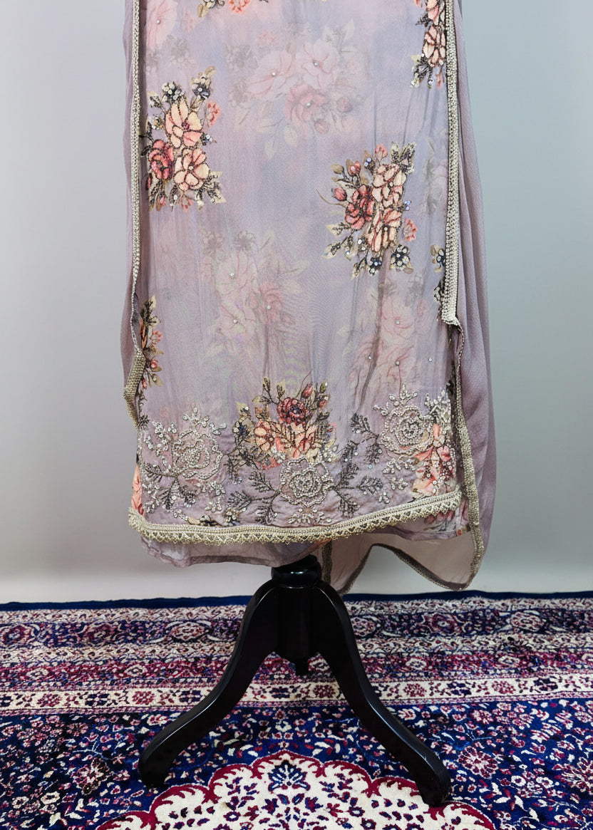 Lavender-Grey Color Soft Organza Hand-Work Designer Dress Material