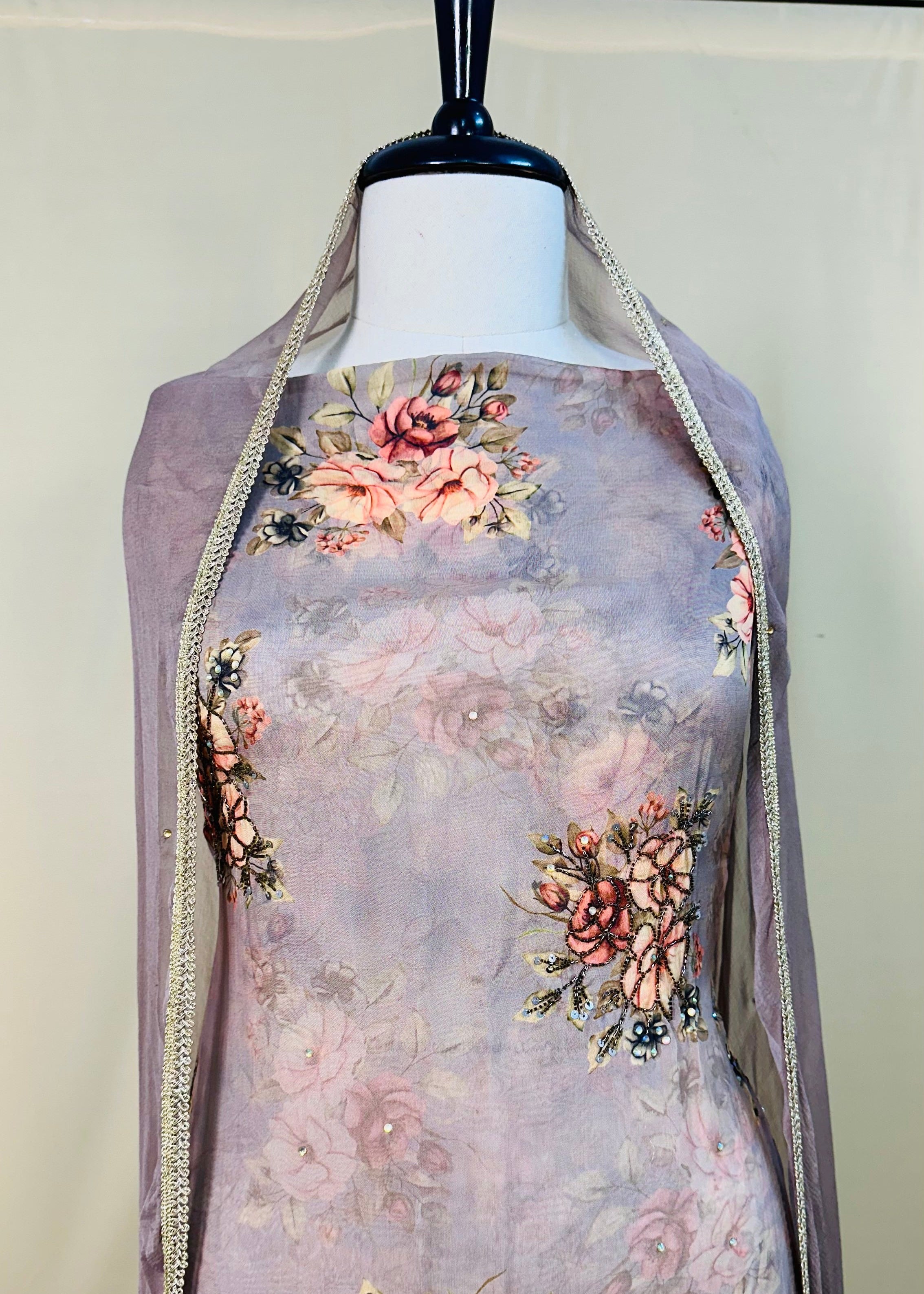 Lavender-Grey Color Soft Organza Hand-Work Designer Dress Material