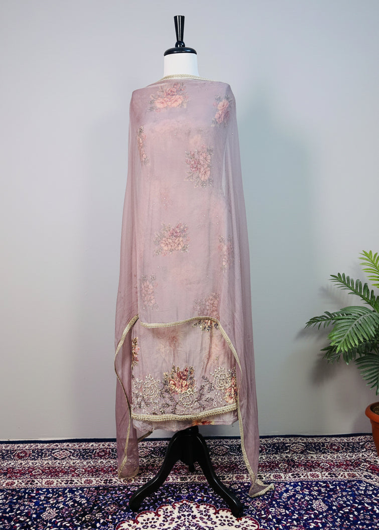 Lavender-Grey Color Soft Organza Hand-Work Designer Dress Material