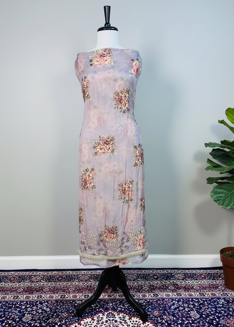 Lavender-Grey Color Soft Organza Hand-Work Designer Dress Material