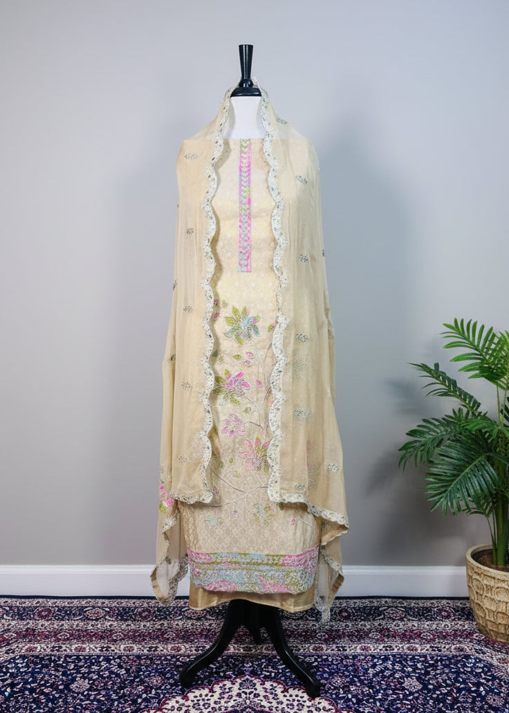 Green Tone Premium Organza Dress Material with Floral Handwork & Pearl Detailing