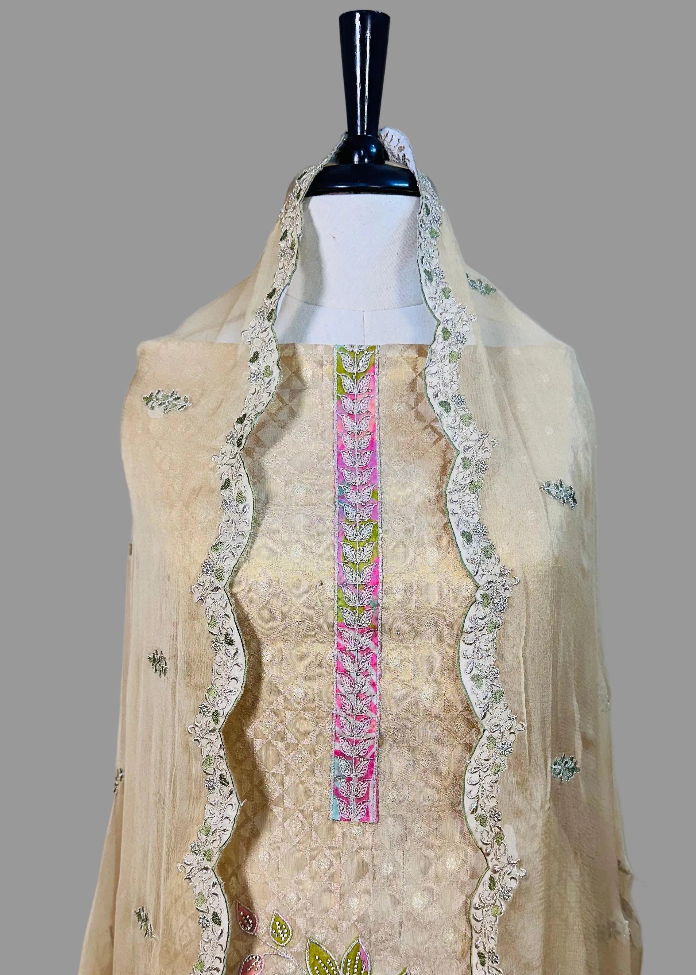 Green Tone Premium Organza Dress Material with Floral Handwork & Pearl Detailing