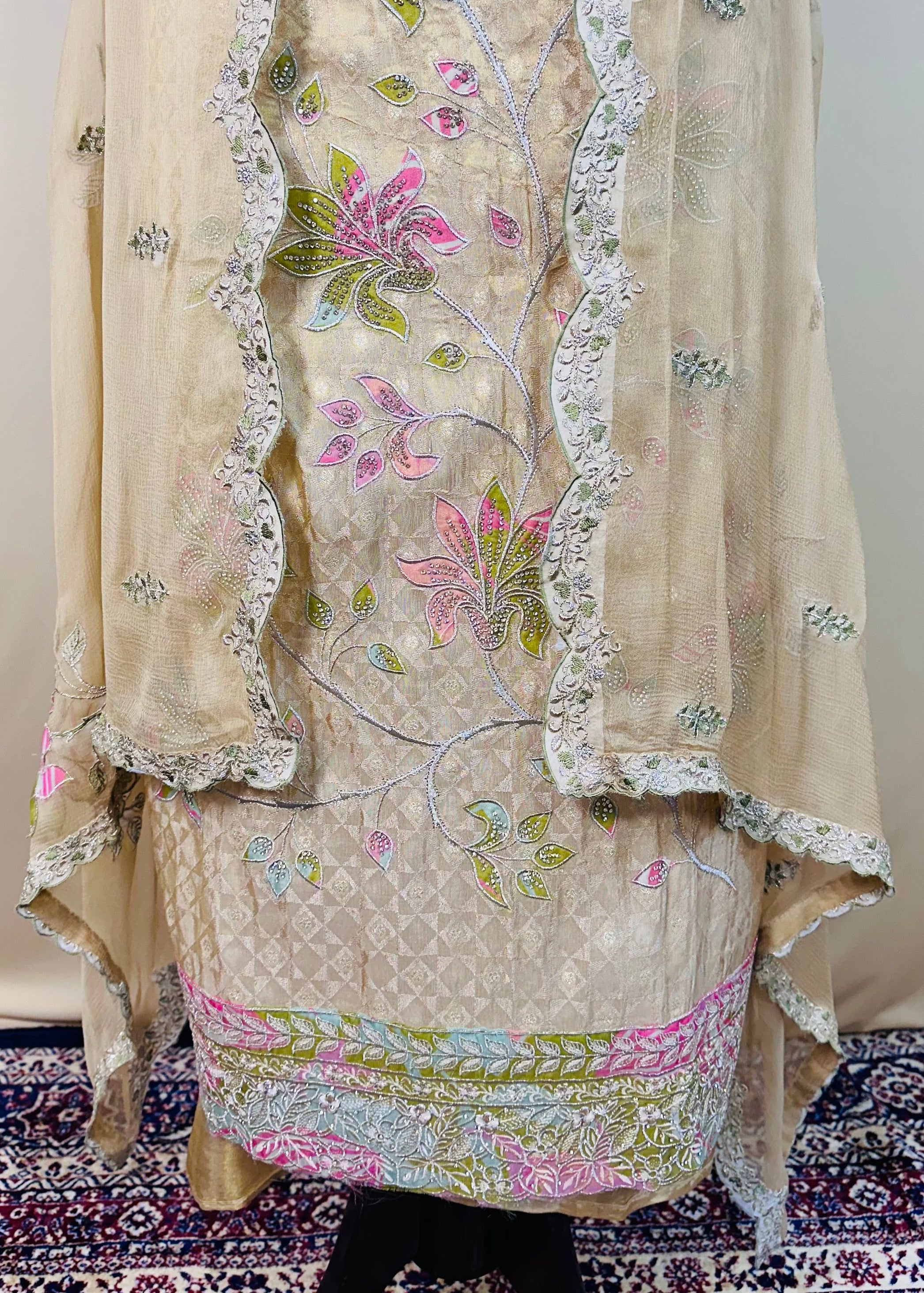 Green Tone Premium Organza Dress Material with Floral Handwork & Pearl Detailing