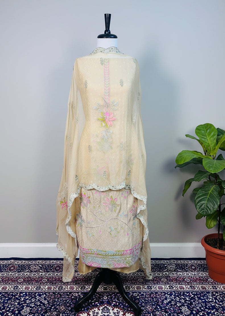 Green Tone Premium Organza Dress Material with Floral Handwork & Pearl Detailing