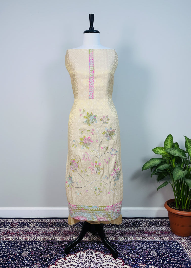Green Tone Premium Organza Dress Material with Floral Handwork & Pearl Detailing