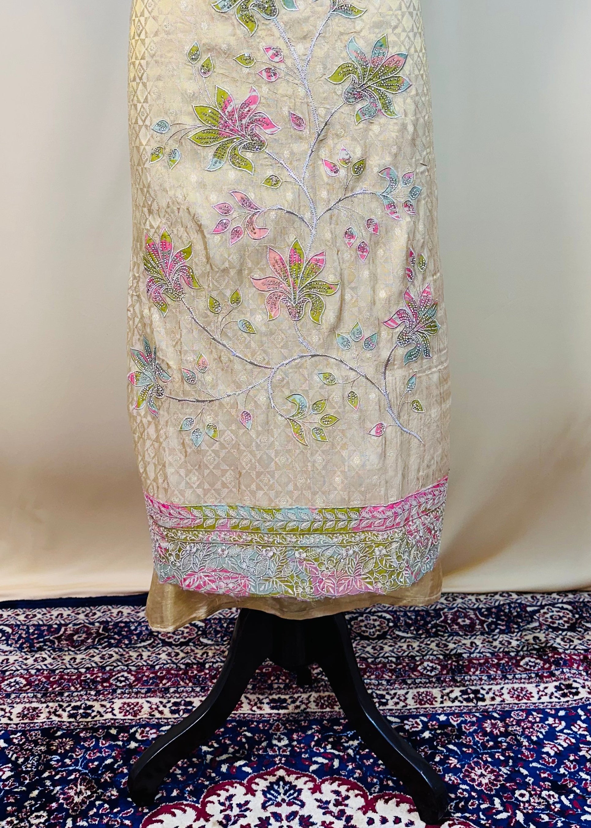 Green Tone Premium Organza Dress Material with Floral Handwork & Pearl Detailing