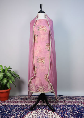 Wine Colour Soft Organza Luxury Dress Material with Handcrafted Embroidery