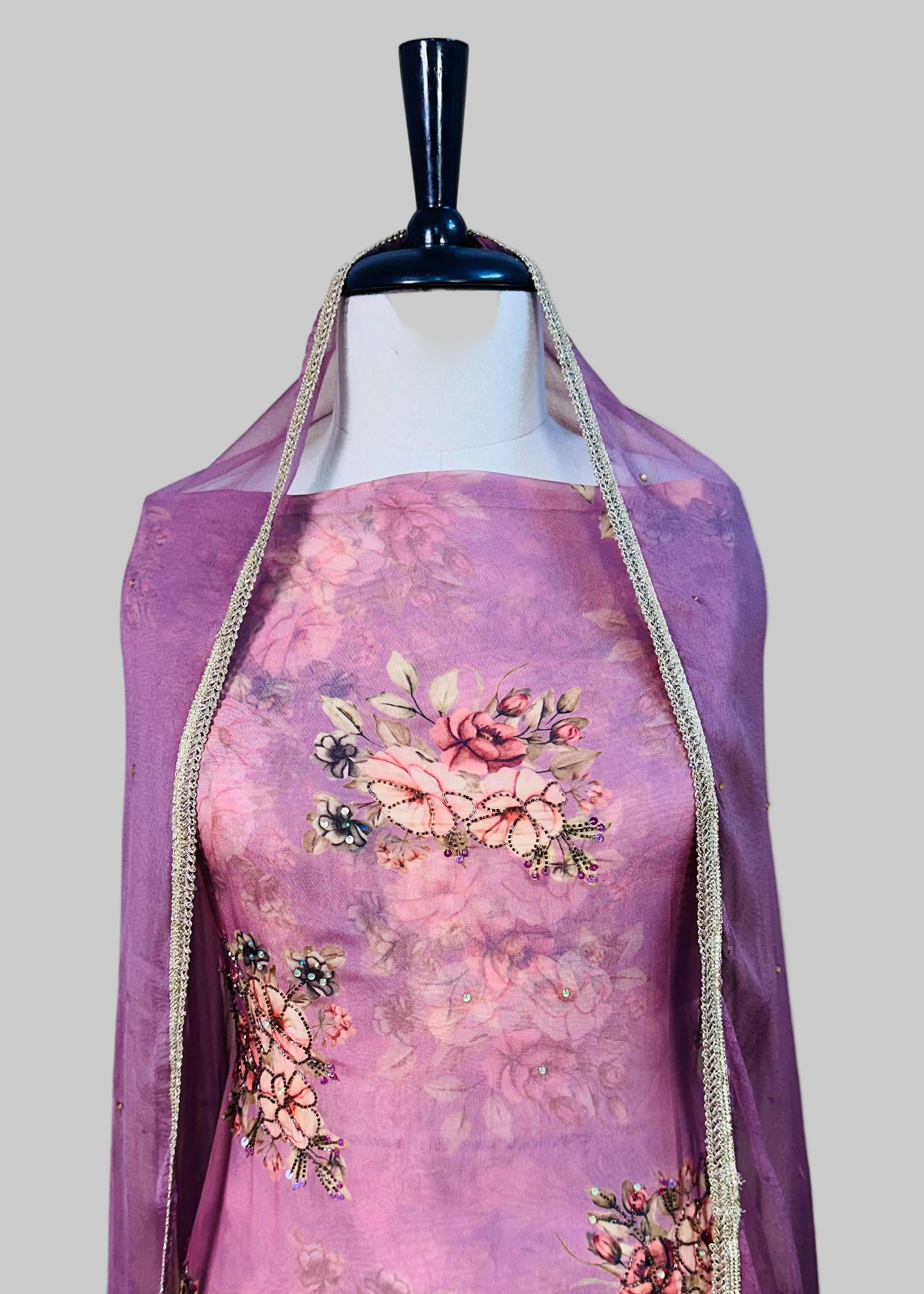 Wine Colour Soft Organza Luxury Dress Material with Handcrafted Embroidery