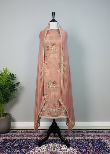 Brown Soft Organza Luxury Dress Material with Handcrafted Embroidery