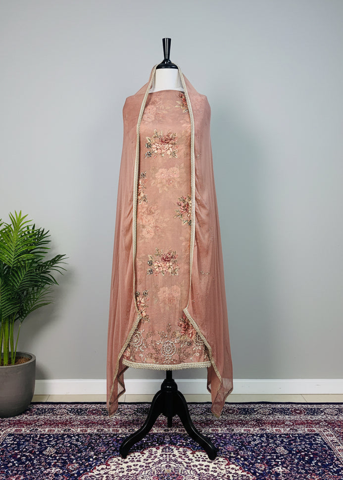 Brown Soft Organza Luxury Dress Material with Handcrafted Embroidery