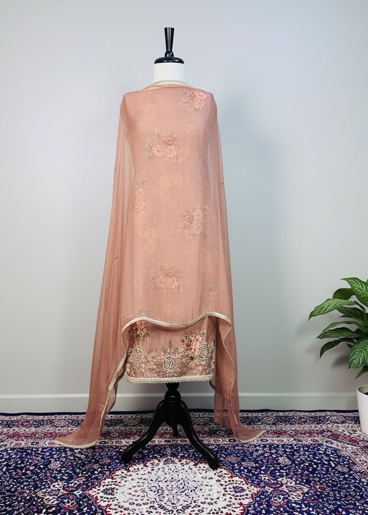 Brown Soft Organza Luxury Dress Material with Handcrafted Embroidery