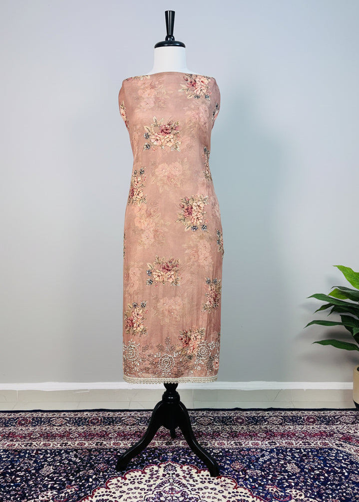 Brown Soft Organza Luxury Dress Material with Handcrafted Embroidery