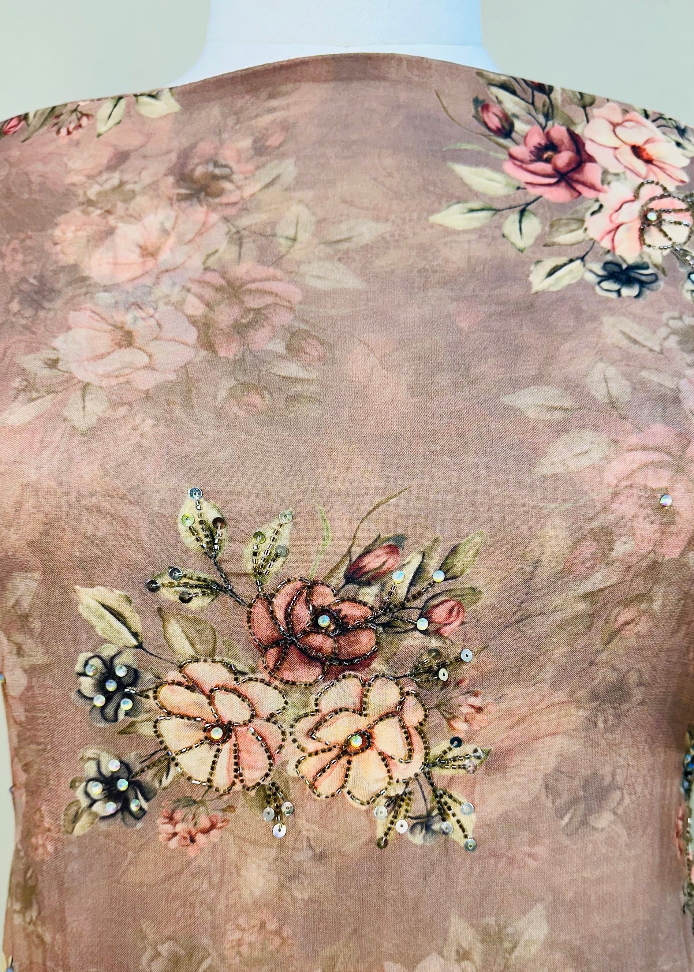Brown Soft Organza Luxury Dress Material with Handcrafted Embroidery