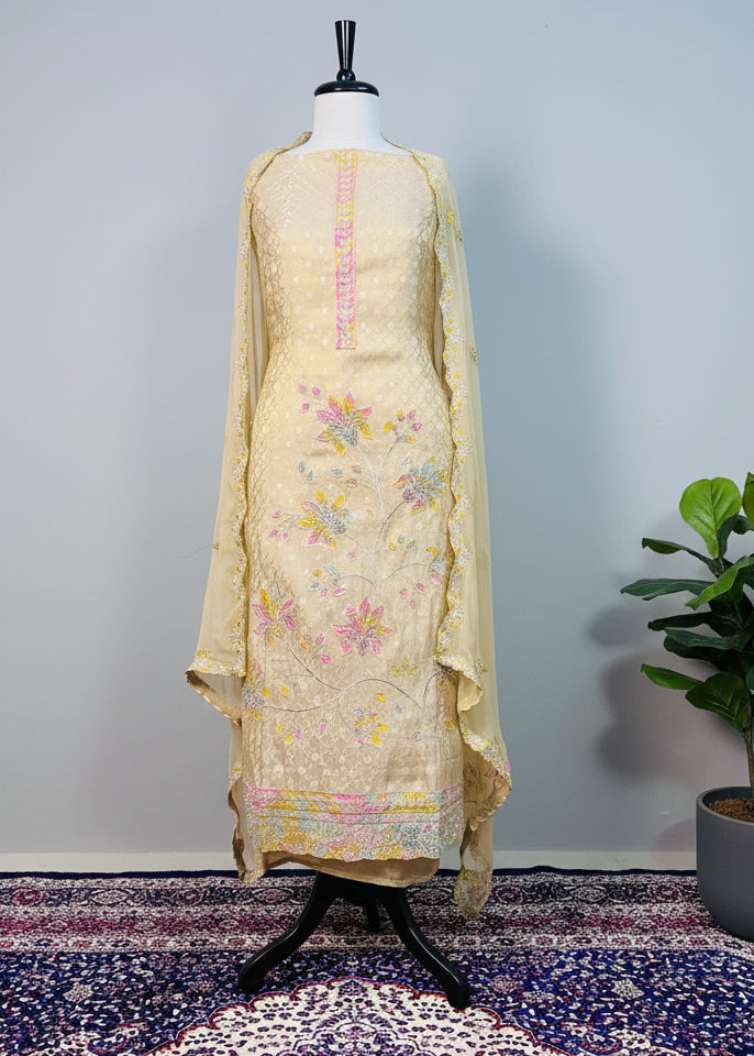 Yellow Tone Premium Organza Dress Material with Floral Handwork & Pearl Detailing