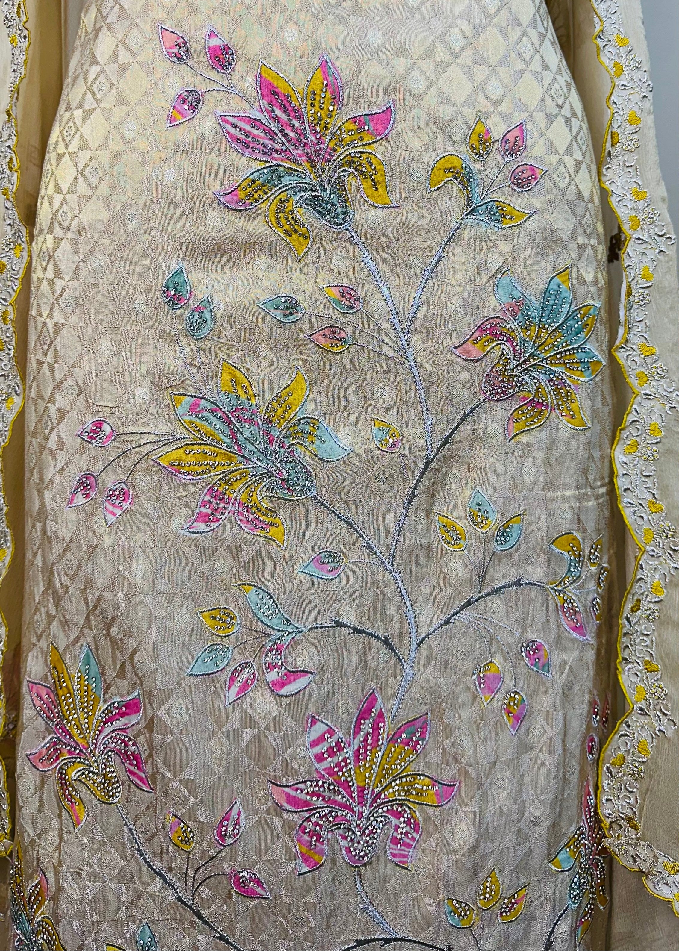 Yellow Tone Premium Organza Dress Material with Floral Handwork & Pearl Detailing