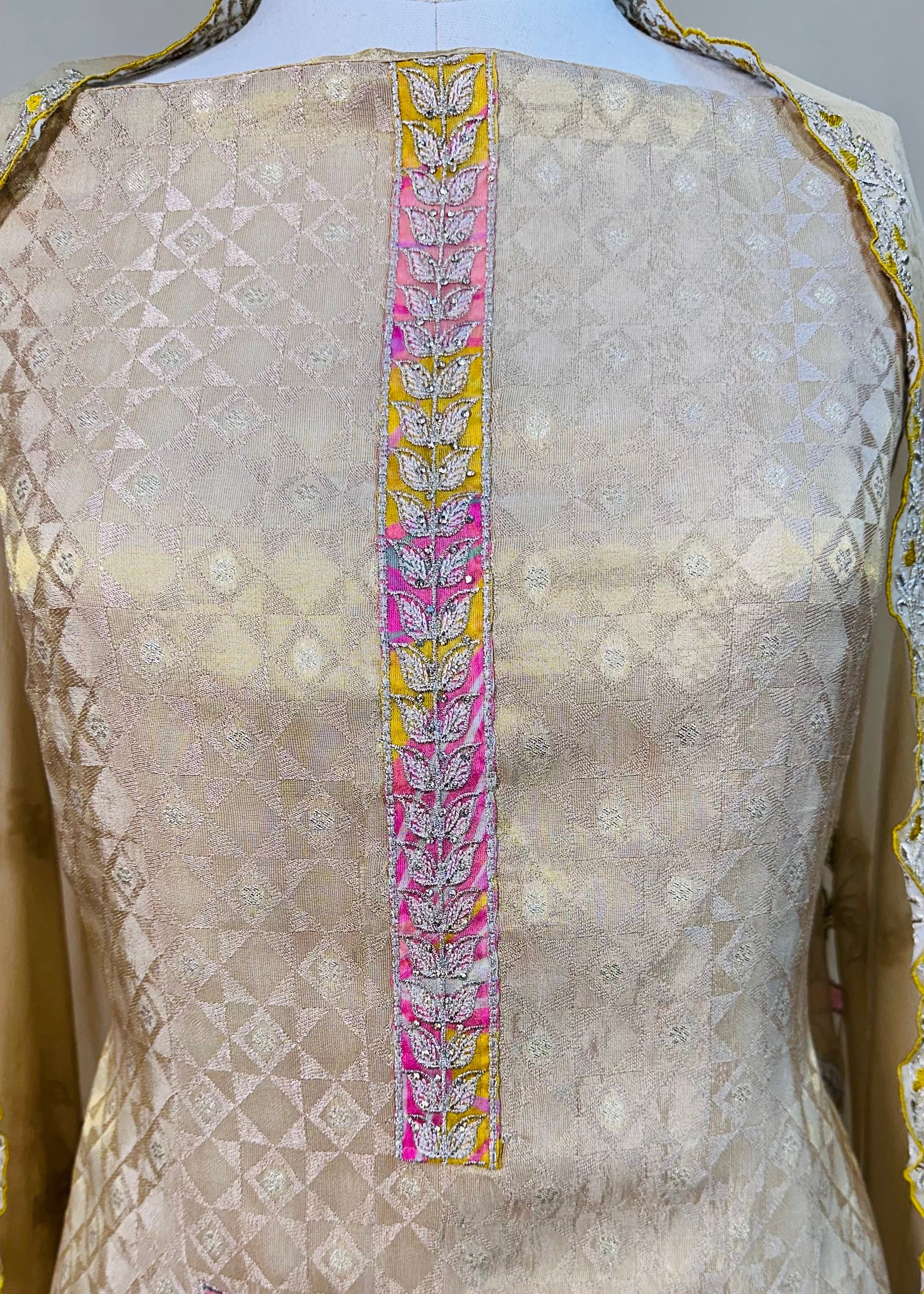 Yellow Tone Premium Organza Dress Material with Floral Handwork & Pearl Detailing