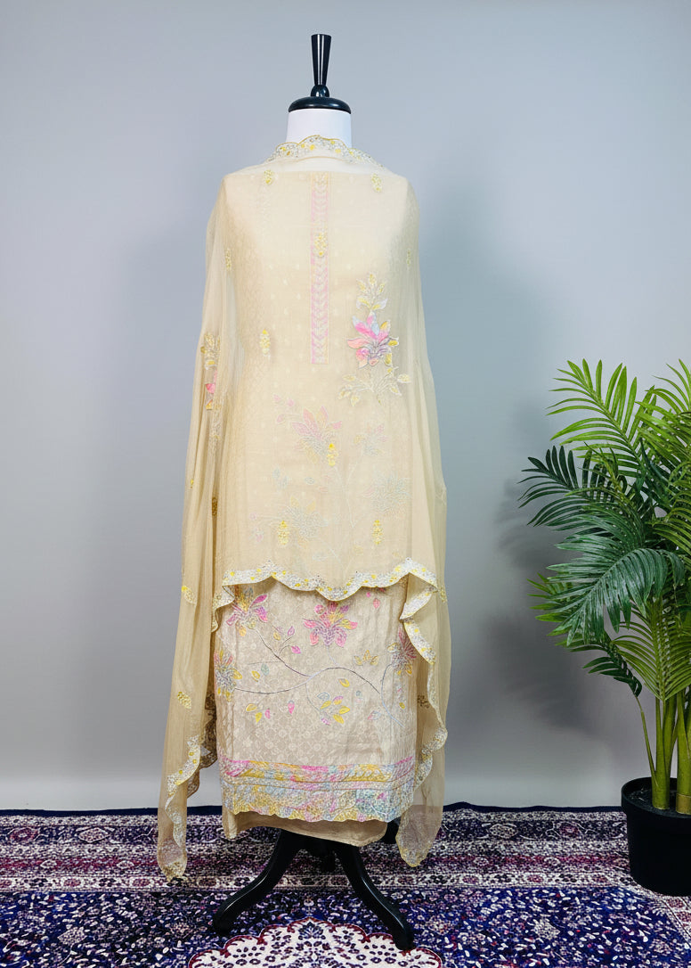 Yellow Tone Premium Organza Dress Material with Floral Handwork & Pearl Detailing