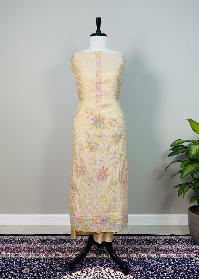Yellow Tone Premium Organza Dress Material with Floral Handwork & Pearl Detailing