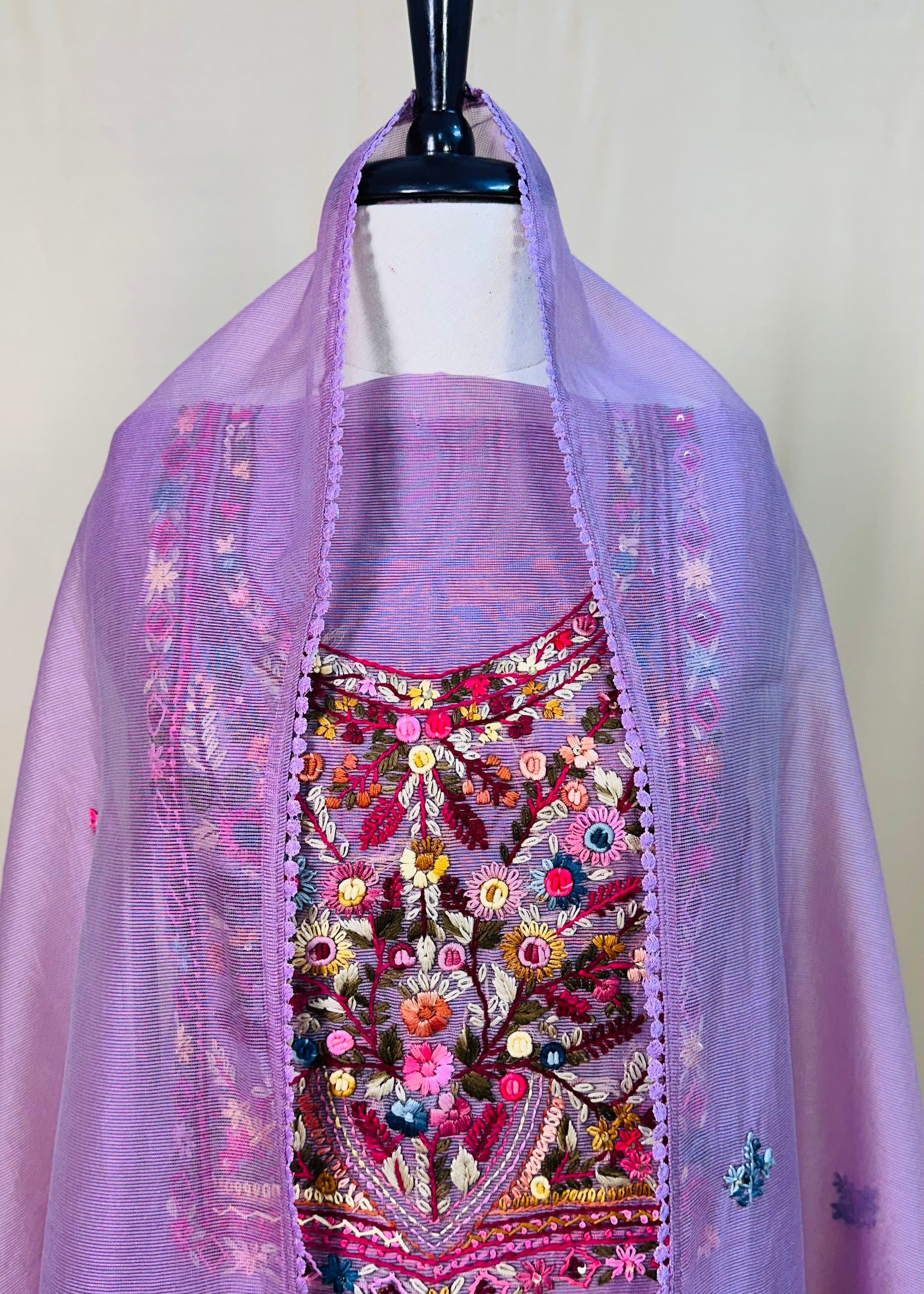 Pink Premium Kota Doria Dress Material with Elegant Resham Work