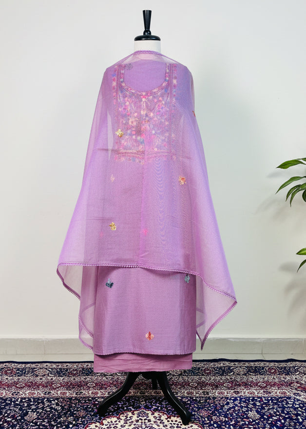 Pink Premium Kota Doria Dress Material with Elegant Resham Work