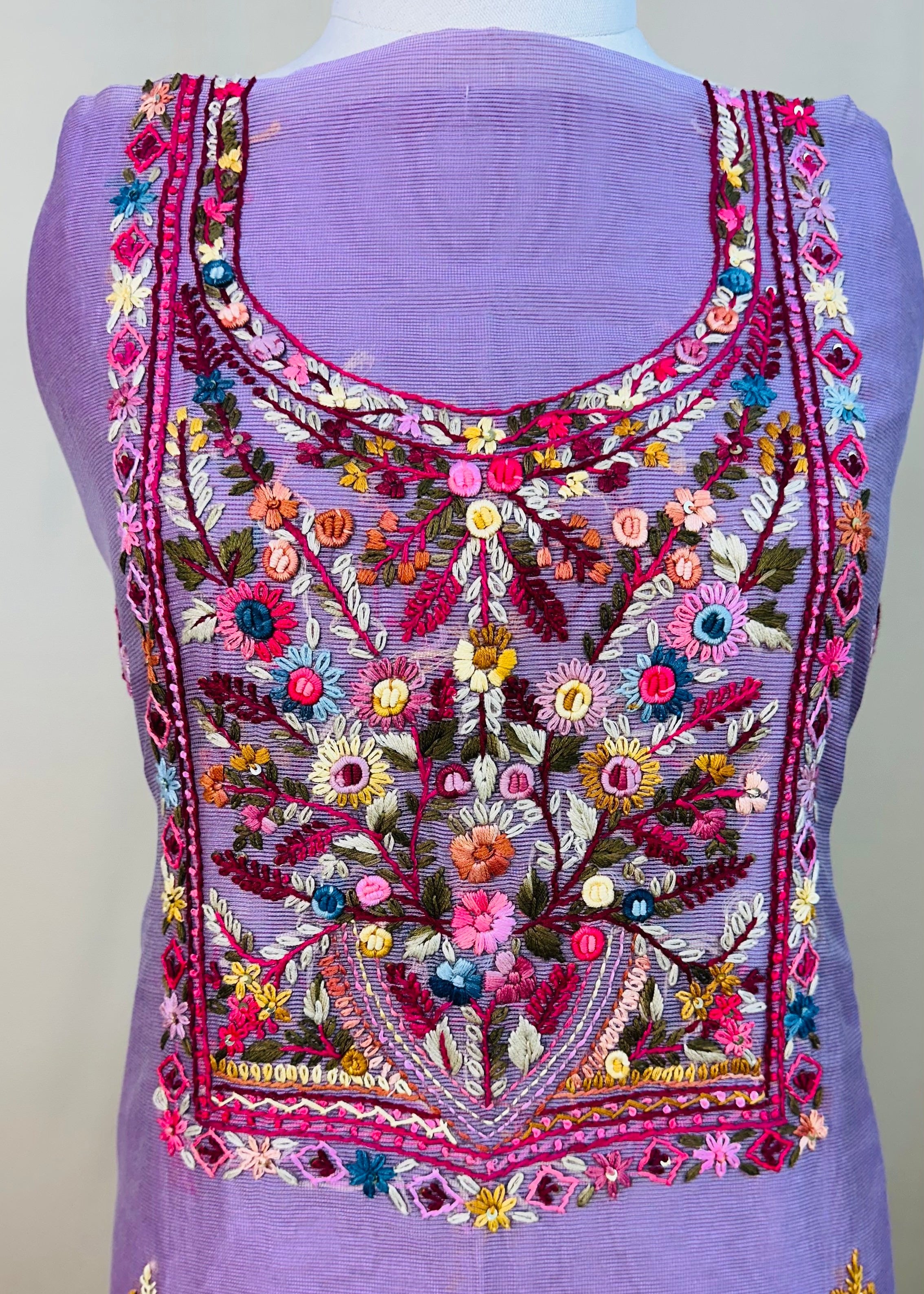 Pink Premium Kota Doria Dress Material with Elegant Resham Work