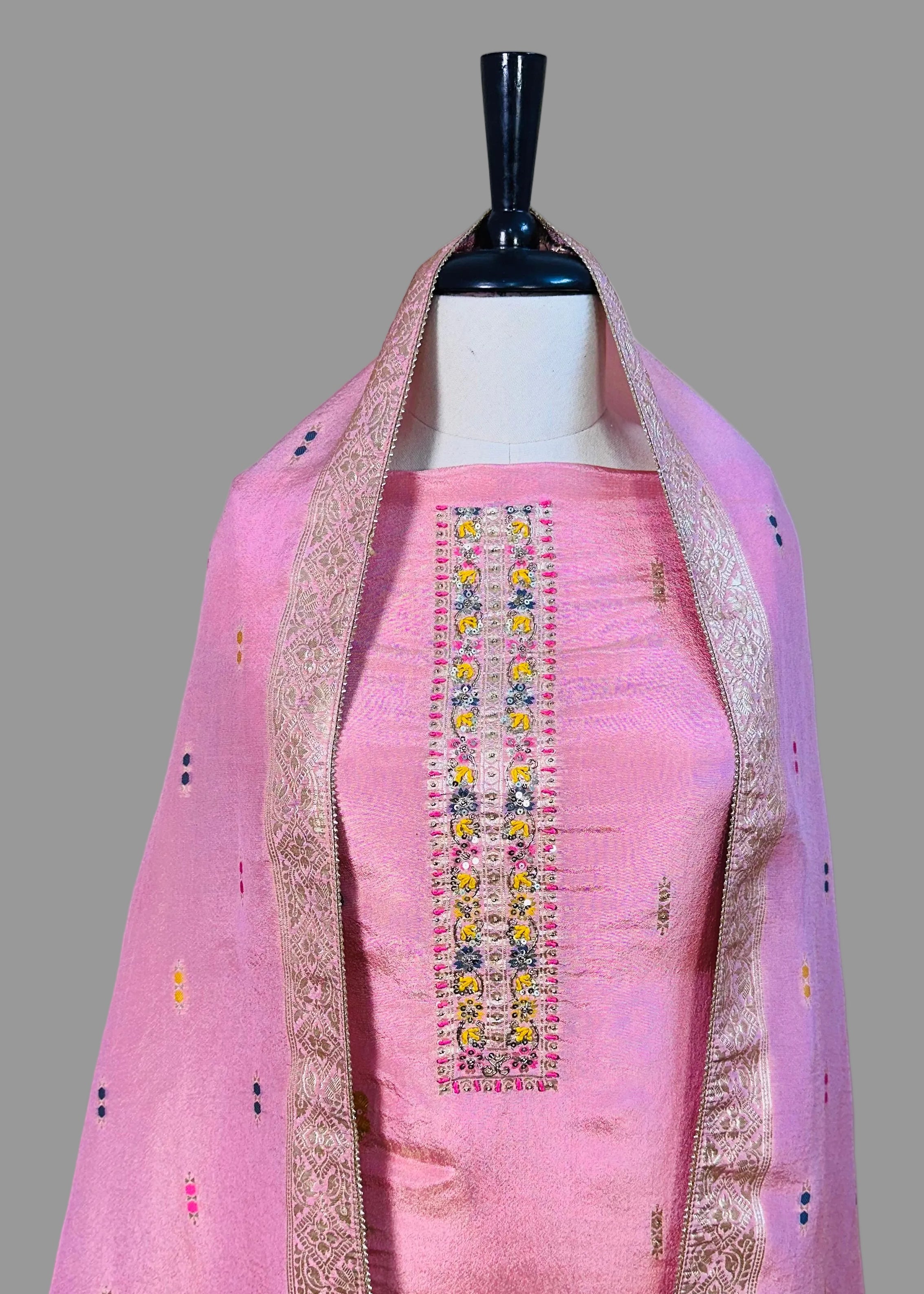 Peach Semi-Crepe Shimmer Dress Material with Elegant Hand Embroidery