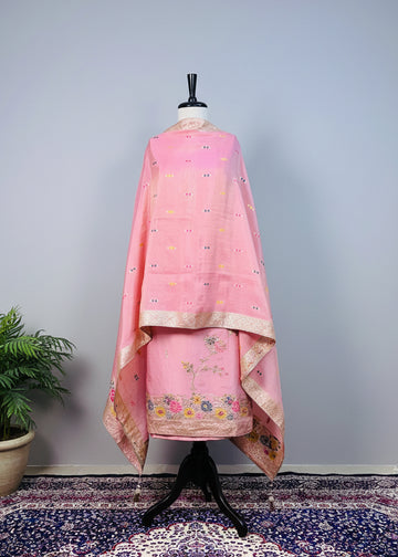 Peach Semi-Crepe Shimmer Dress Material with Elegant Hand Embroidery