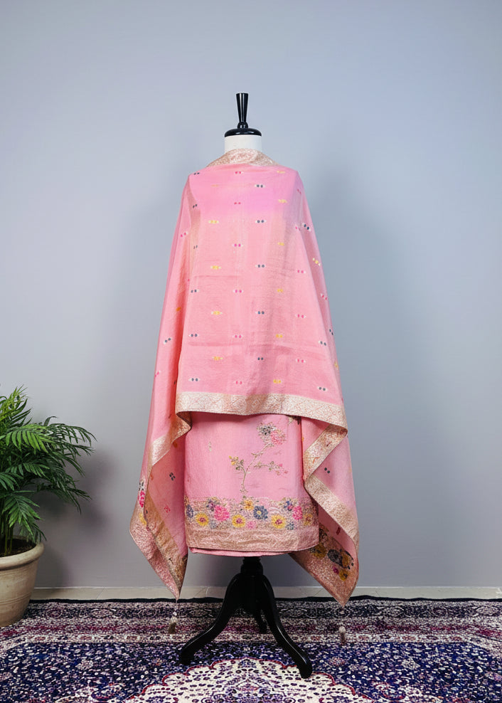 Peach Semi-Crepe Shimmer Dress Material with Elegant Hand Embroidery