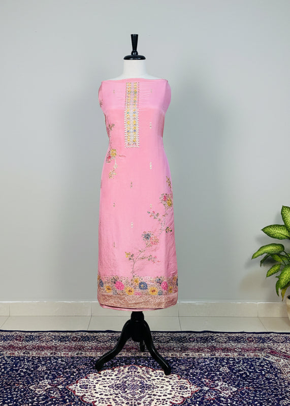 Peach Semi-Crepe Shimmer Dress Material with Elegant Hand Embroidery