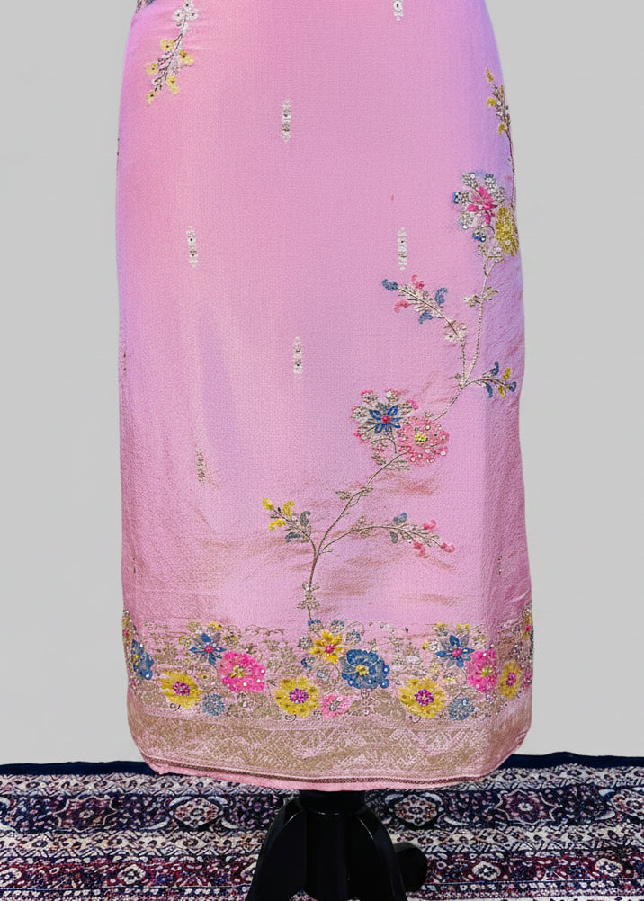 Peach Semi-Crepe Shimmer Dress Material with Elegant Hand Embroidery