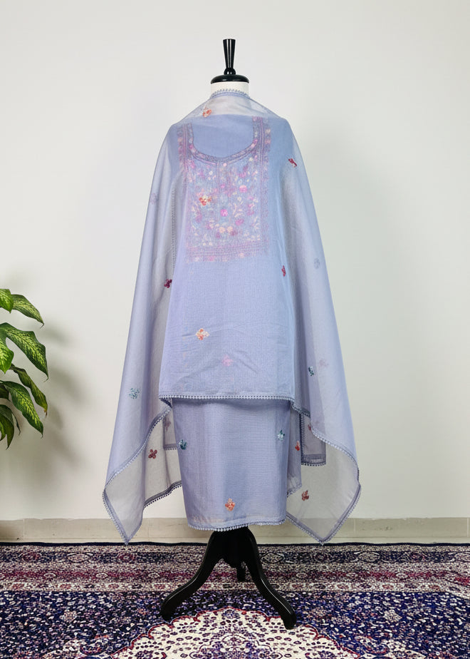 Pastel Blue Premium Kota Doria Dress Material with Elegant Resham Work