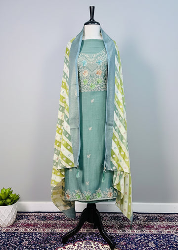 Green Semi-Crepe Dress Material with Elegant Thread Work