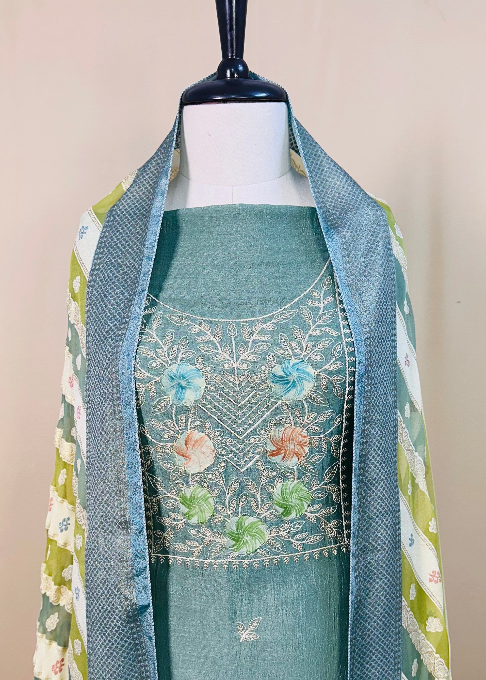 Green Semi-Crepe Dress Material with Elegant Thread Work