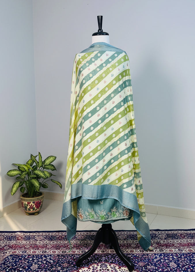 Green Semi-Crepe Dress Material with Elegant Thread Work